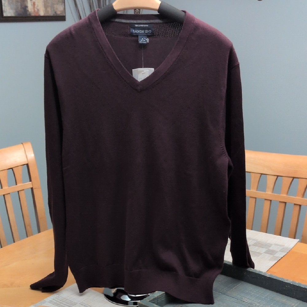 Lands' End Men's V-Neck Sweater - Deep Maroon